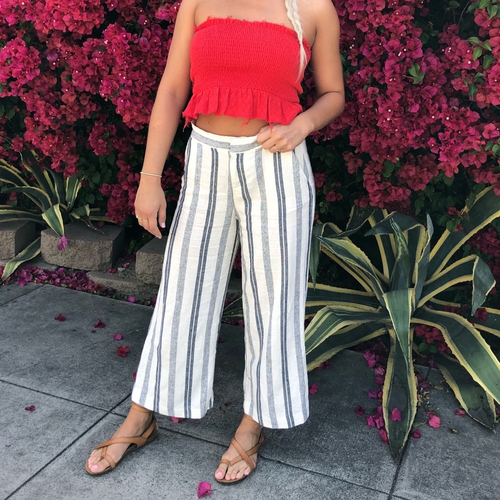 HIGH WAISTED STRIPED WIDE LEGGED LINEN PANTS